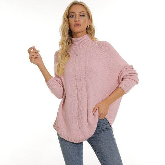 Damen Grobstrickpullover mit hohem Kragen und modernem Zopfmuster Fudus