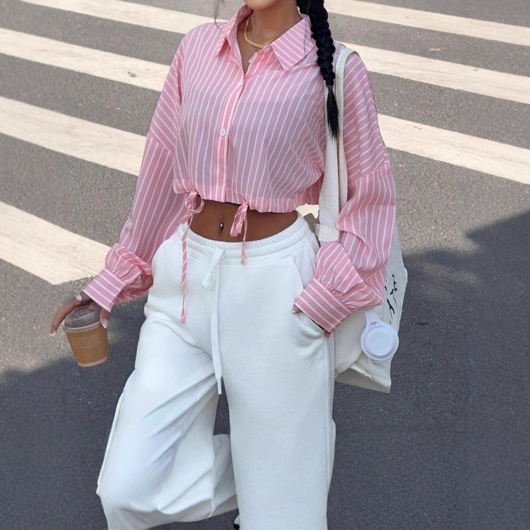 Damen Kurzes Hemd mit gestreiftem Design und Bindedetails Fudus