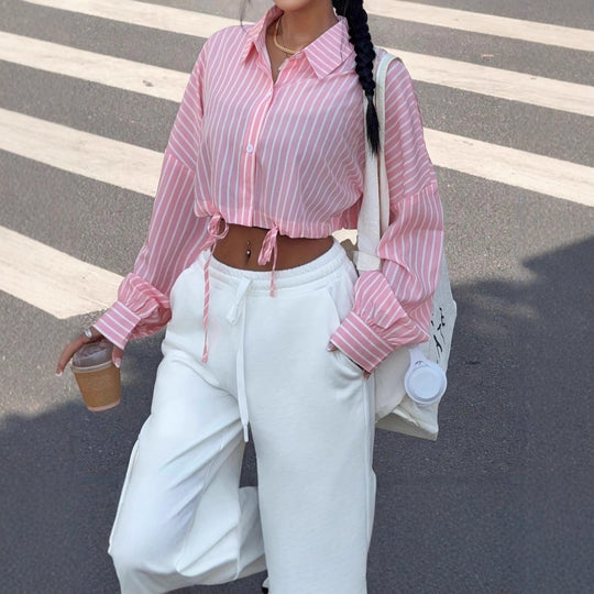 Damen Kurzes Hemd mit gestreiftem Design und Bindedetails Fudus