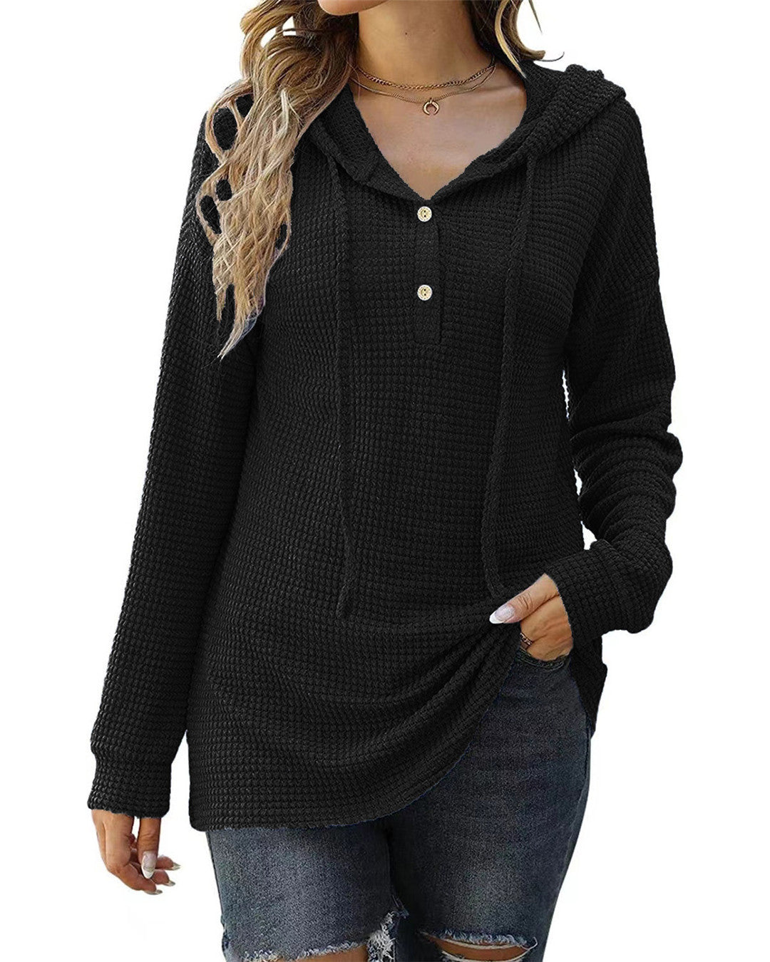 Damen Hüftlanges Wabenmuster-Hoodie mit Knopfdetail Fudus