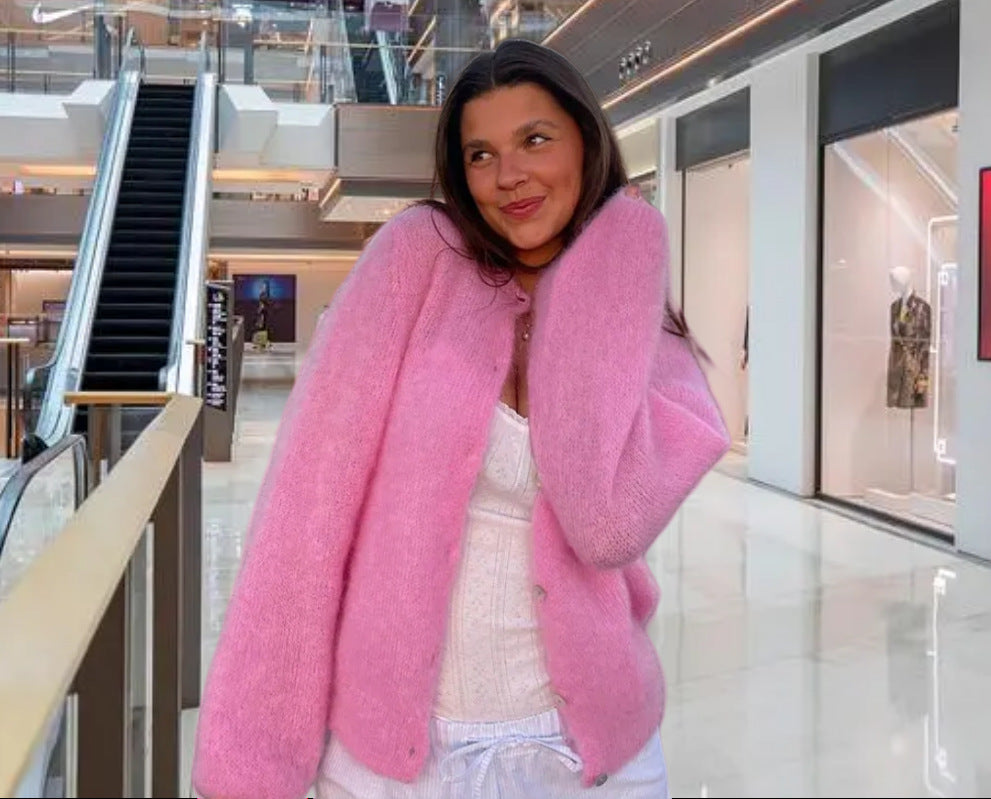 Damen kuschelige Strickjacke mit weitem Schnitt und eleganten Knopfdetails Fudus