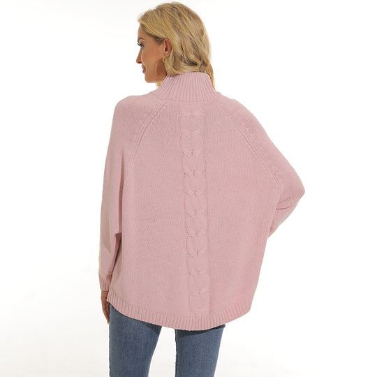 Damen Grobstrickpullover mit hohem Kragen und modernem Zopfmuster Fudus