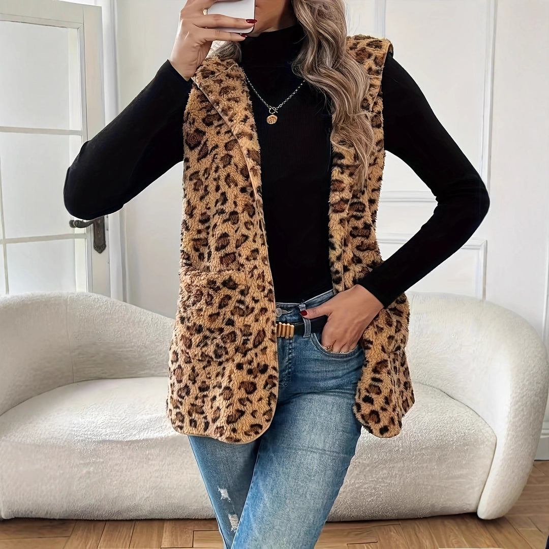 Damen kuschelige Weste mit Kapuze und Leopardenmuster Fudus