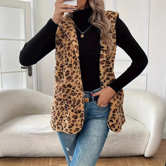 Damen kuschelige Weste mit Kapuze und Leopardenmuster Fudus
