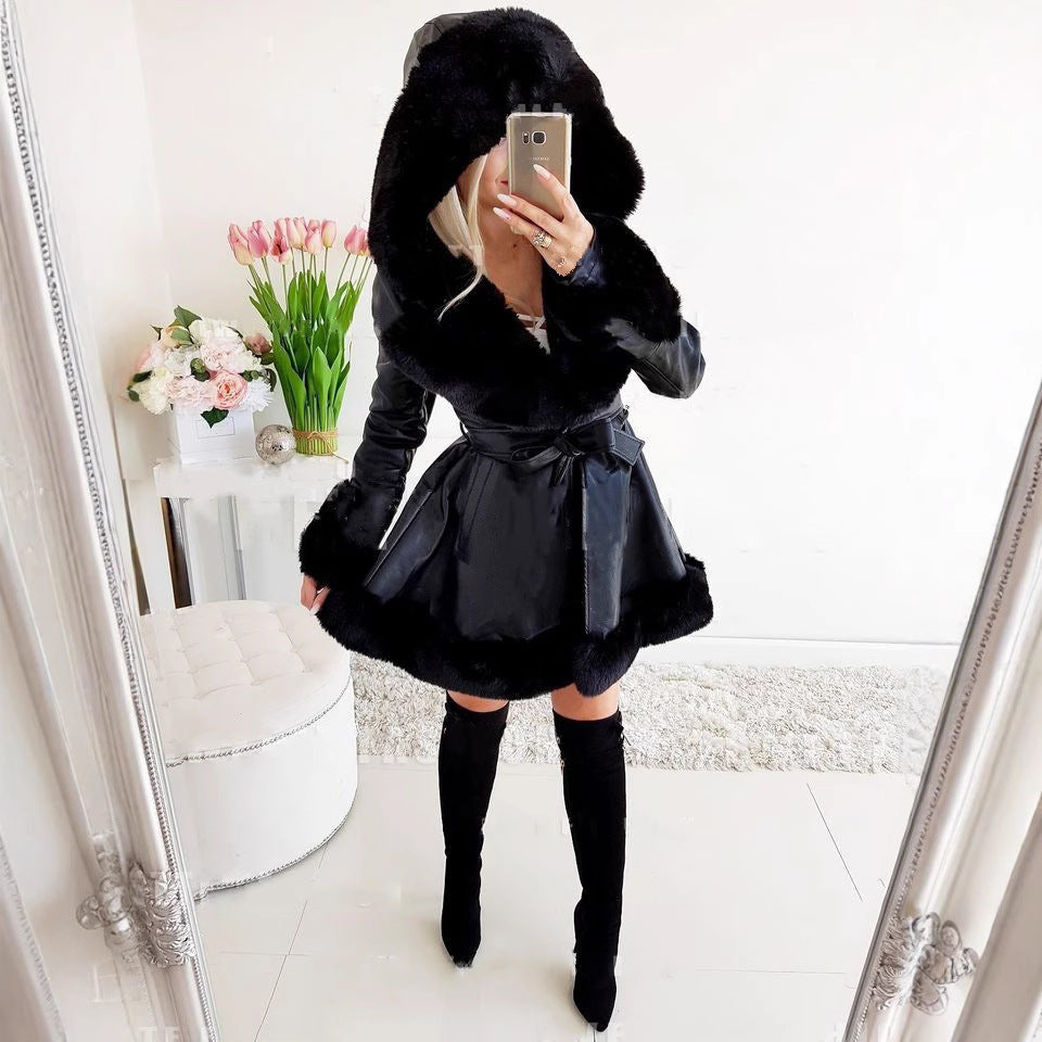 Damen Kapuzenmantel mit luxuriösem Kunstfellbesatz Fudus