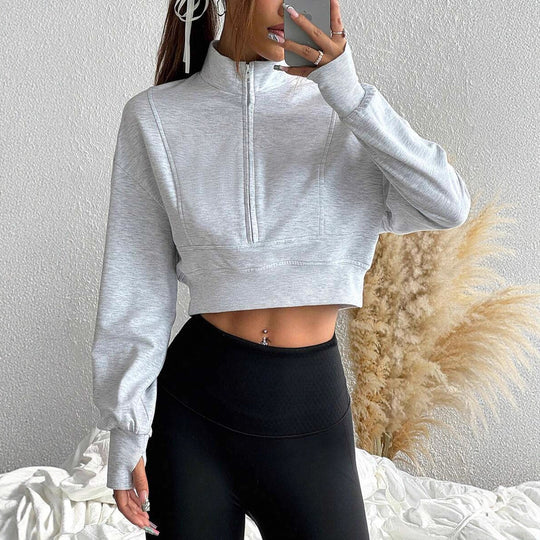 Damen Kurzarm-Sweatshirt mit hohem Kragen und Reißverschluss Fudus