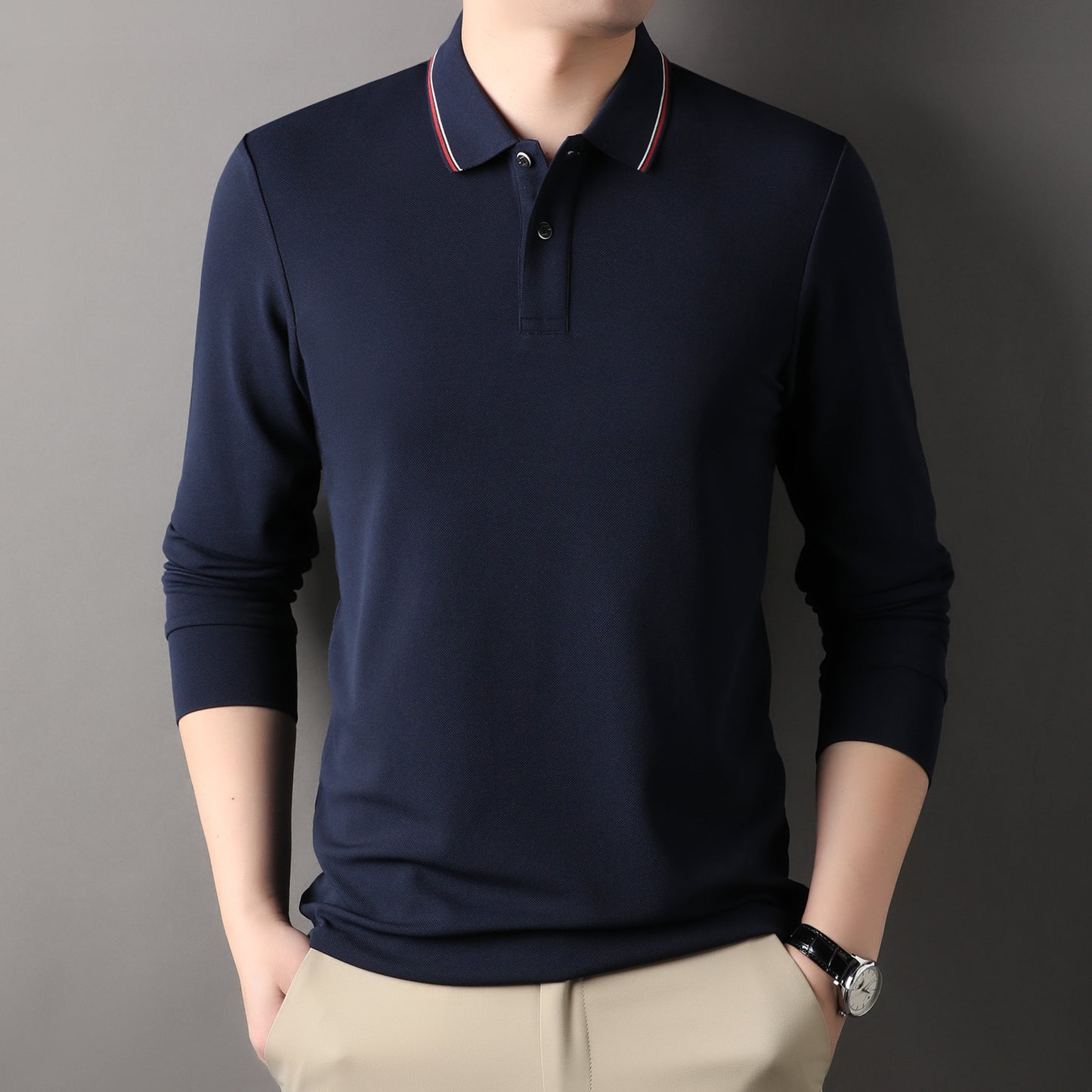 Herren elegantes Langarm-Polo mit modernem Kragen und stylischen Akzenten Fudus