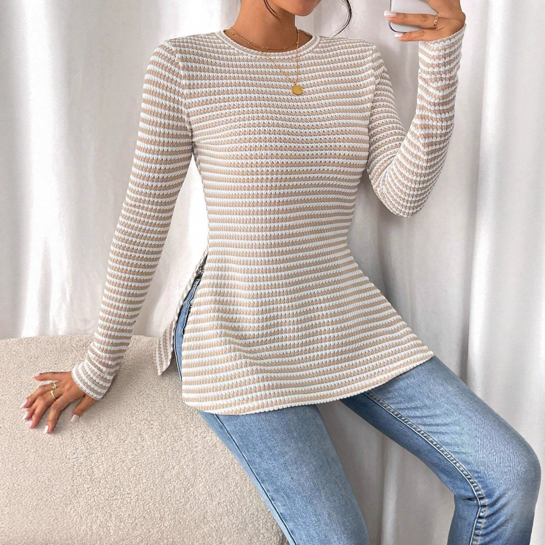 Damen Langarmshirt mit modernem Strickmuster und seitlichen Schlitzen Fudus