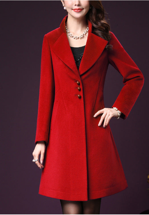 Damen klassischer, taillierter Wollmantel mit elegantem Revers Fudus