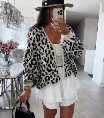 Damen lässige Strickjacke im Leopardenmuster Fudus