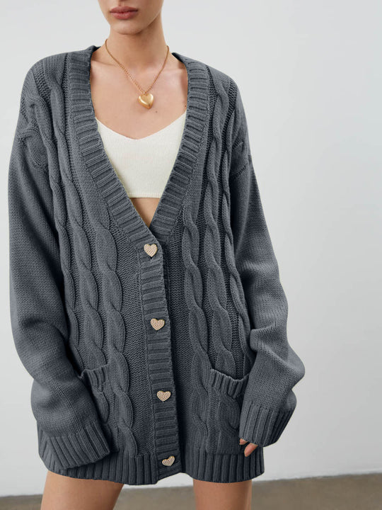 Damen Kuschelige Strickjacke mit Zopfmuster und herzförmigen Knöpfen Fudus