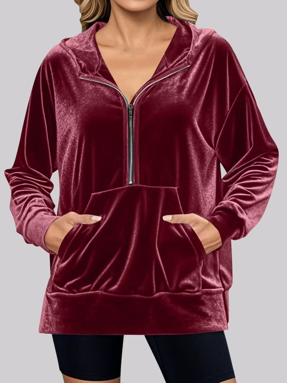 Damen Kuschelige Velours Kapuzenjacke mit Reißverschluss und großzügigen Taschen Fudus