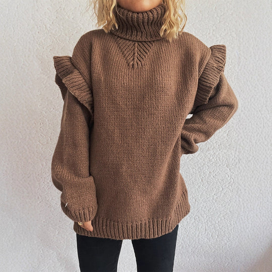 Damen kuscheliger Strickpullover mit Rüschenärmeln und hohem Kragen Fudus