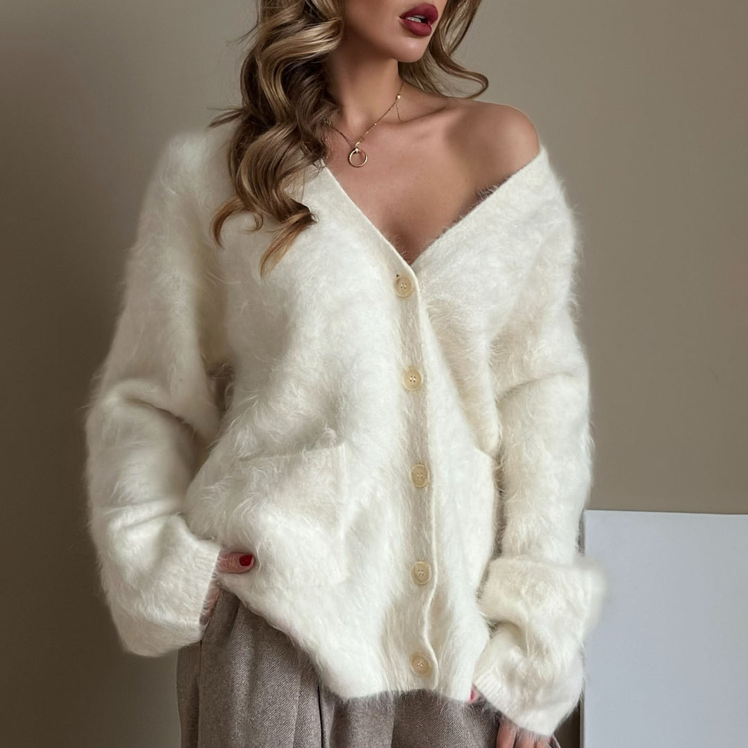 Damen kuschelige Strickjacke mit oversize Schnitt und Knopfleiste Fudus