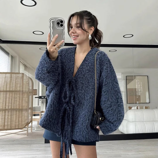 Damen kuschelige Strickjacke mit modischem Bindegürtel Fudus