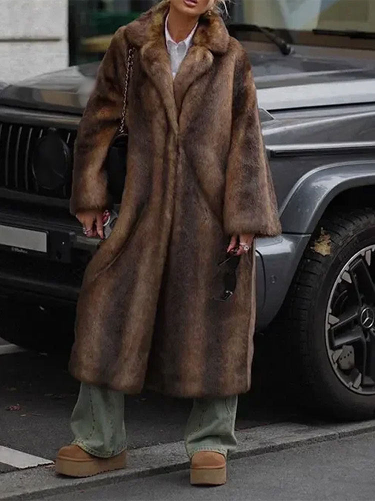 Damen Langer Kunstfellmantel mit breitem Revers und lässigem Schnitt Fudus