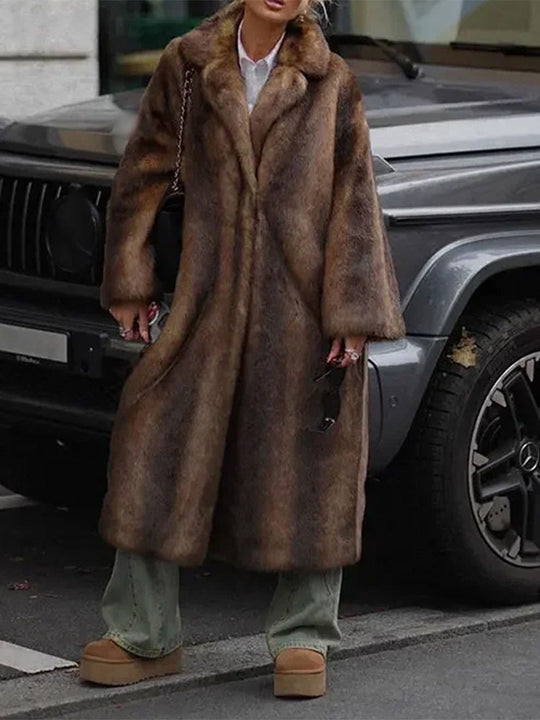 Damen Langer Kunstfellmantel mit breitem Revers und lässigem Schnitt Fudus