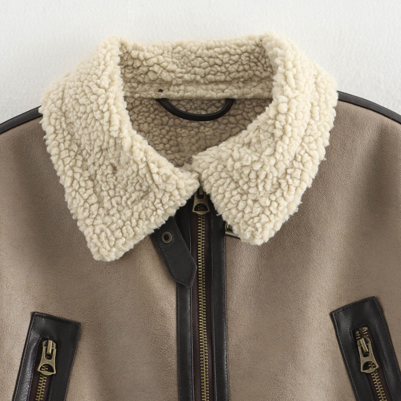 Damen lässige Lederjacke mit Teddyfellkragen und verstellbarem Gürtel Fudus