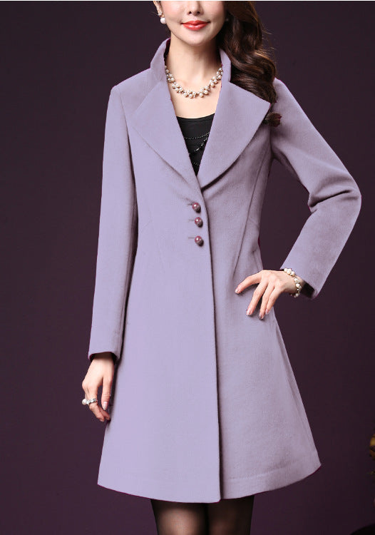 Damen klassischer, taillierter Wollmantel mit elegantem Revers Fudus