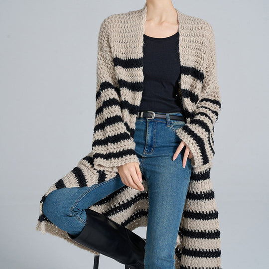 Damen lässige Strickjacke mit breitem Streifenmuster und praktischen Taschen Fudus