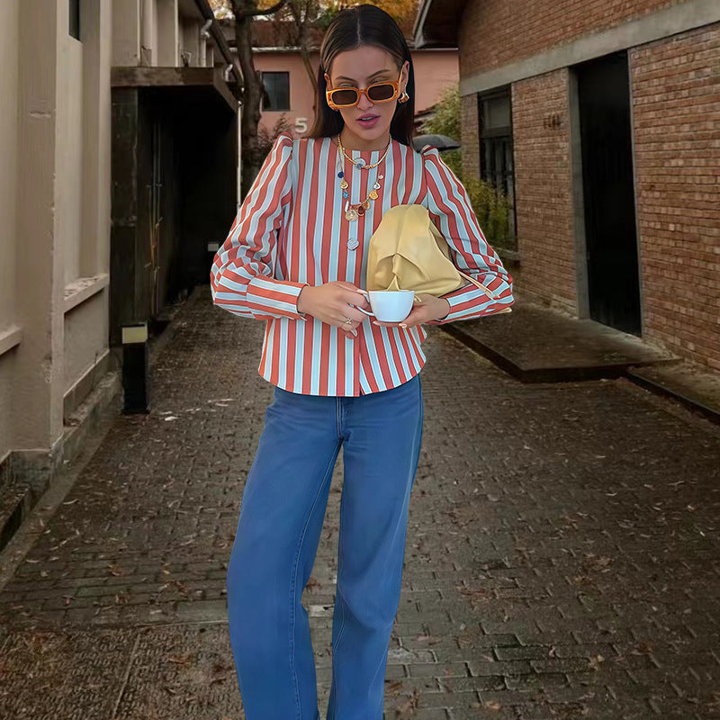 Damen gestreifte Bluse mit Raffinesse und eleganten Knöpfen Fudus