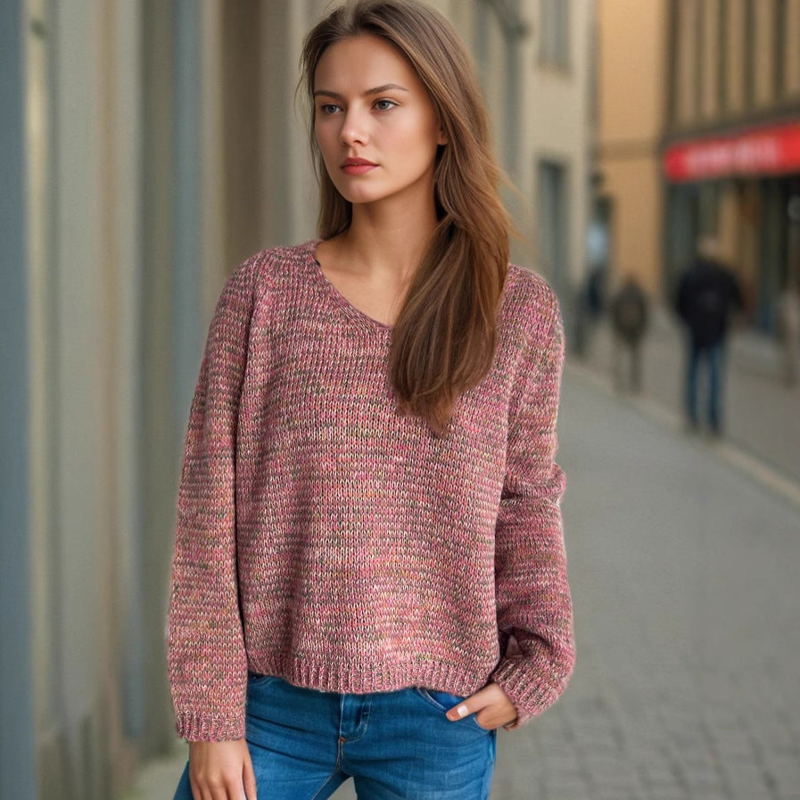 Damen lässiger V-Ausschnitt Pullover mit strukturiertem Maschenmuster Fudus