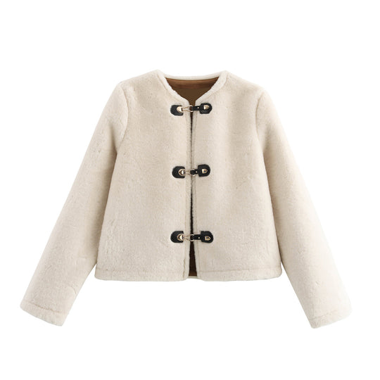 Damen kurze teddyjacke mit dekorativen Knopfdetails Fudus