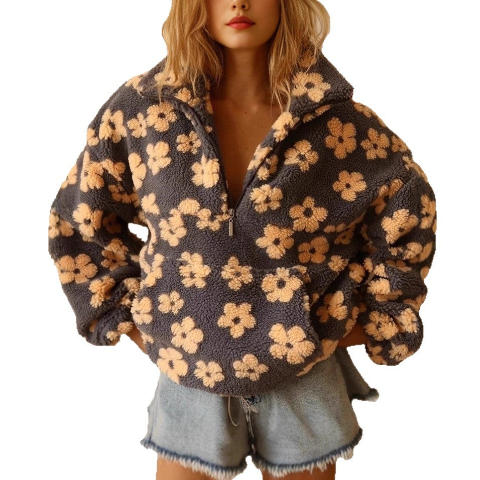 Damen kuschelige Oversized-Pullover mit floralem 3D-Design Fudus