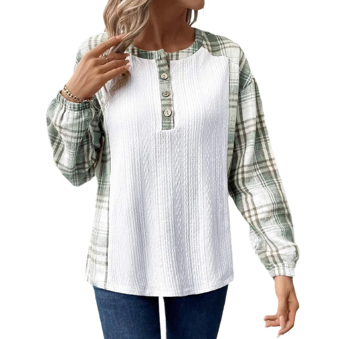 Damen Langarmshirt mit modischem Karomuster und Knopfdetails Fudus