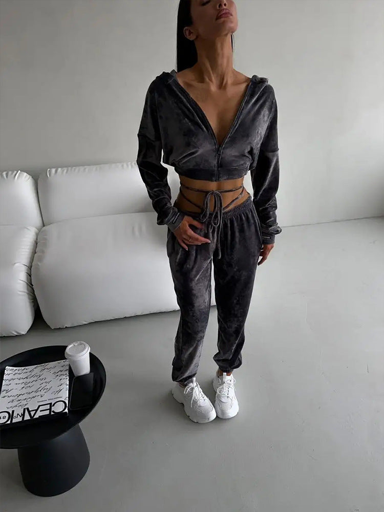 Damen kuscheliges Velours-Set mit Kapuzenoberteil Fudus