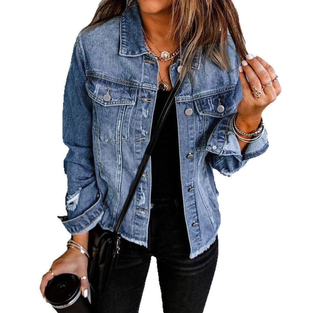Damen Jeansjacke mit modischen Destroyed-Details und klassischen Brusttaschen Fudus