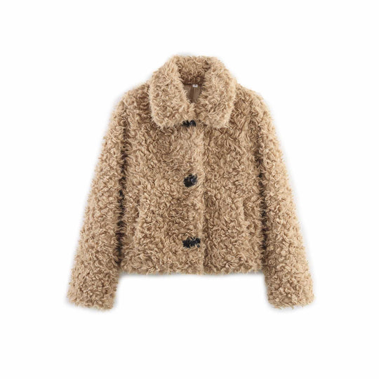 Damen Kunstfelljacke im lässigen Design mit großen Knöpfen Fudus