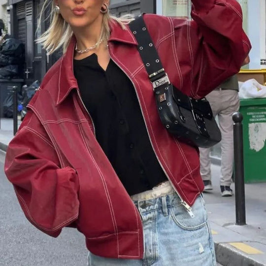 Damen Kunstlederjacke mit elastischen Bündchen und hochschließendem Kragen Fudus
