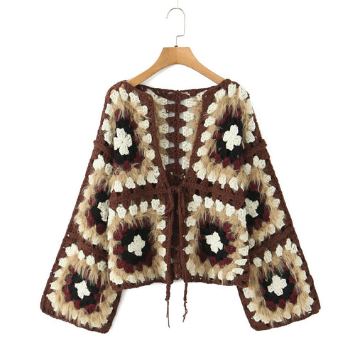 Damen lässige Strickjacke mit buntem Granny-Quadrat-Muster und Zipper Fudus