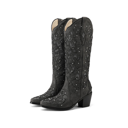 Stiefel Damen Knielang Western Stiletto Verziert