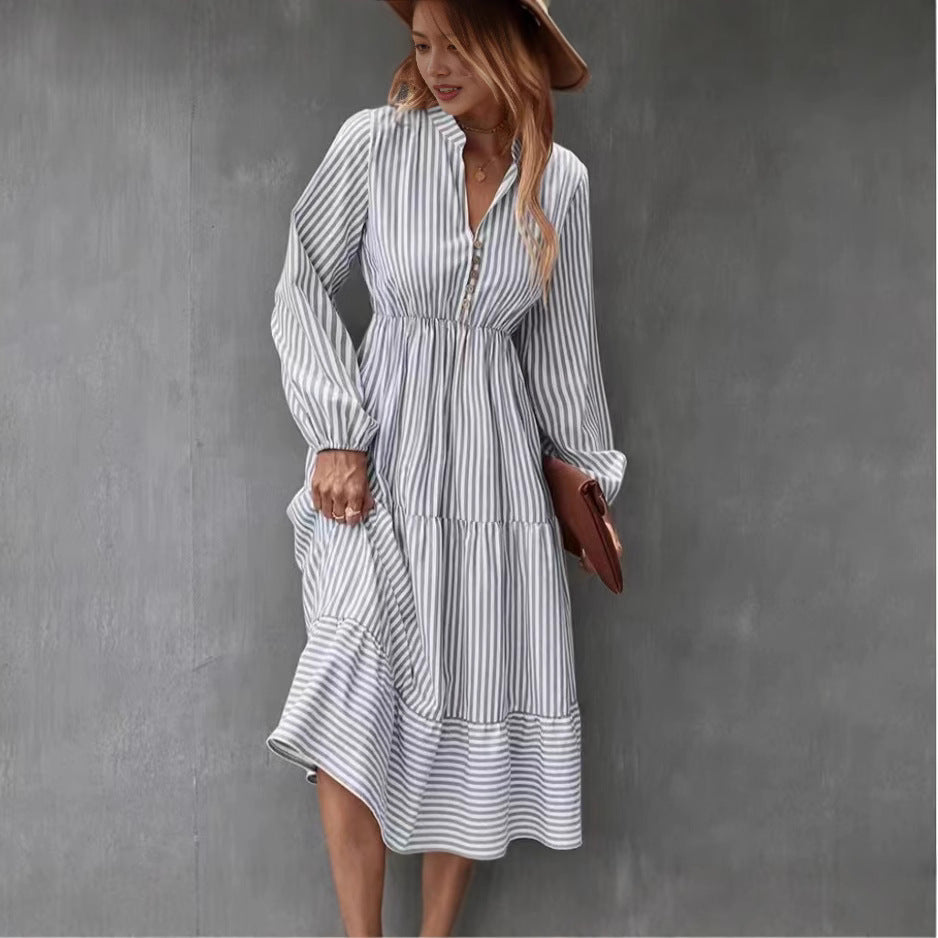 Damen Langärmeliges gestreiftes Kleid mit Knopfleiste Fudus
