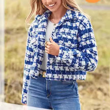 Damen Karierte Cropped Jacke Fudus