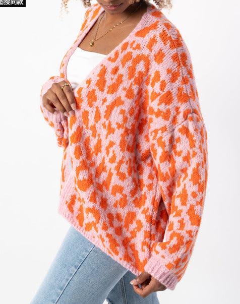 Damen lässige Strickjacke im Leopardenmuster Fudus