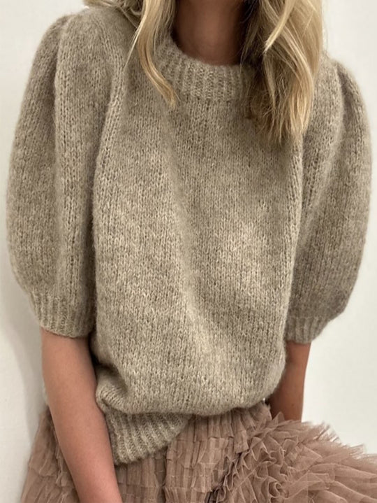 Damen kurzärmeliger Strickpullover mit Ballonärmeln und Rundhalsausschnitt Fudus