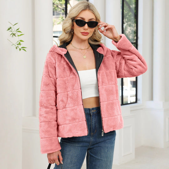 Damen Kuschelige Oversized-Fleecejacke mit Reißverschluss und Kapuze Fudus