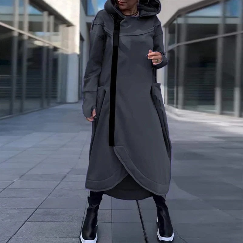Damen modischer Kapuzenmantel mit seitlichen Taschen und asymmetrischem Saum Fudus