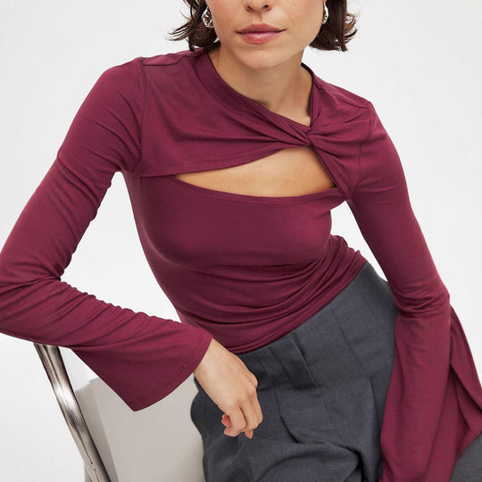 Damen Langarmshirt mit raffiniertem Cut-Out und Wickeldesign Fudus