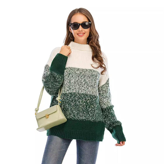 Damen kuscheliger Strickpullover mit hohem Kragen und modischem Farbblockdesign Fudus