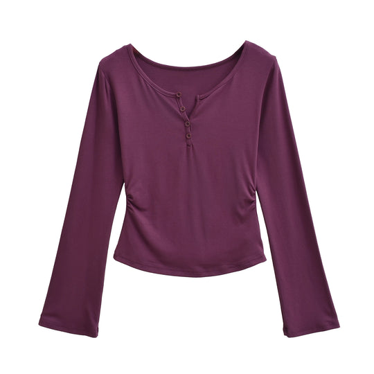 Damen langärmliges Oberteil mit dekorativen Knöpfen Fudus