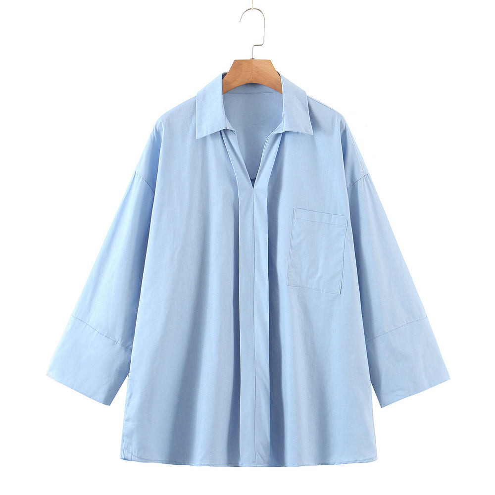 Damen lässige Bluse mit weitem Schnitt und praktischer Brusttasche Fudus