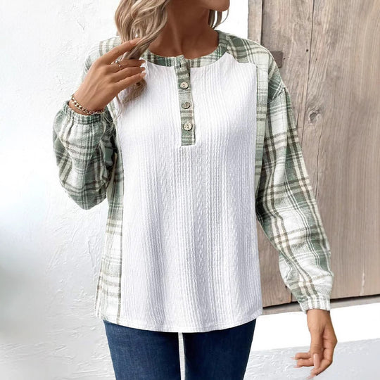 Damen Langarmshirt mit modischem Karomuster und Knopfdetails Fudus