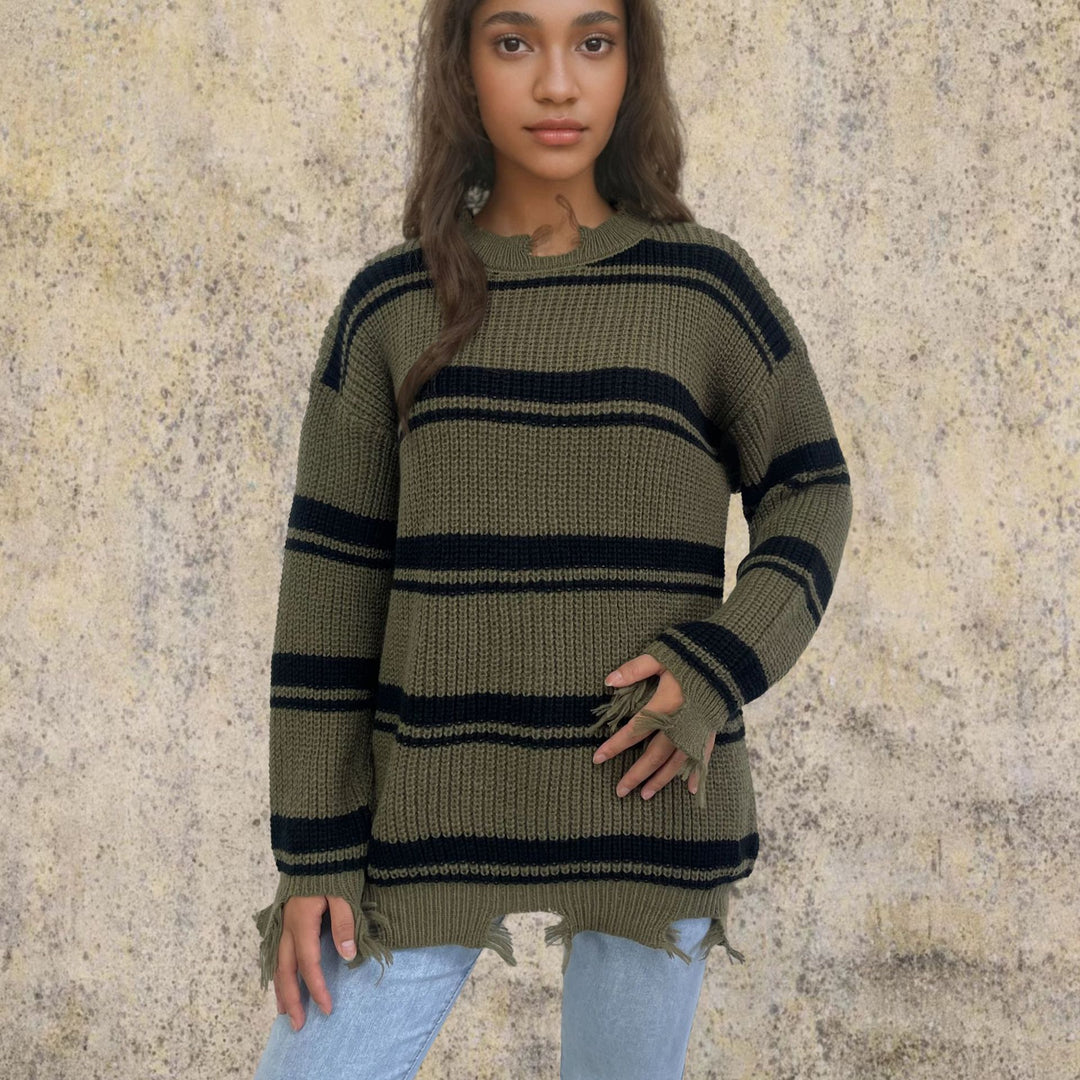 Damen Grobstrickpullover mit lässigem Streifenmuster Fudus