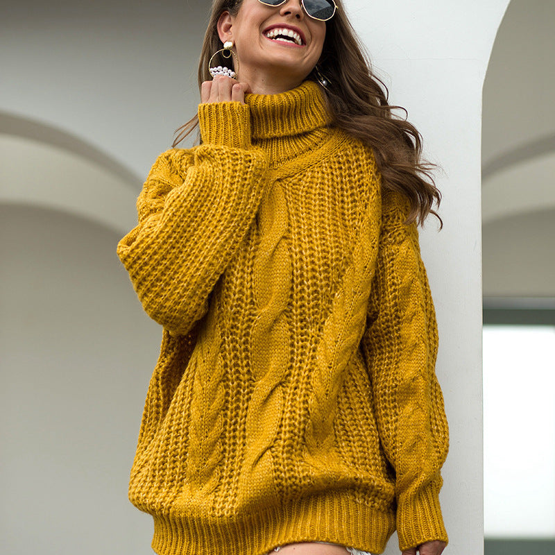 Damen Grobstrick-Pullover mit hohem Kragen und Zopfmuster Fudus