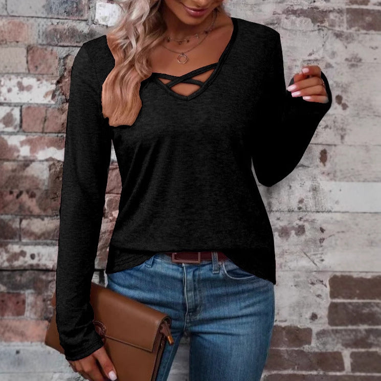 Damen langärmliges Shirt mit Kreuz-Ausschnitt Fudus