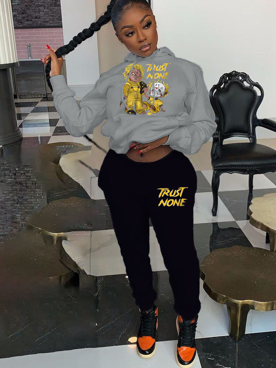 Damen Kapuzenpullover und Jogginghose Set mit kreativem Druckdesign Fudus